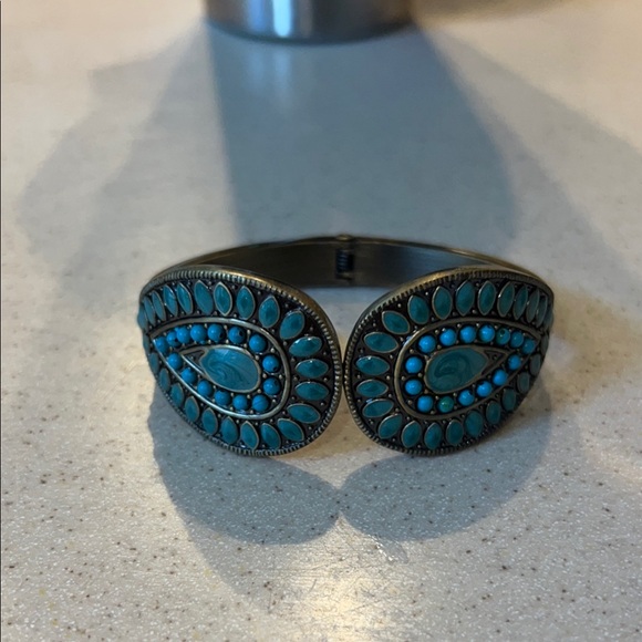 Blue and Silver Cuff Bracelet with Teardrop Design and Turquoise Stones - Picture 1 of 4